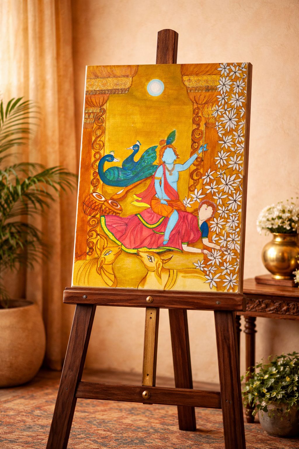 Krishna Bal Leela – Hand Painted Acrylic Wall Art with Maa Yashoda | Traditional Indian Decor- Original Handicraft canvas Madhubani Painting, wall paintings