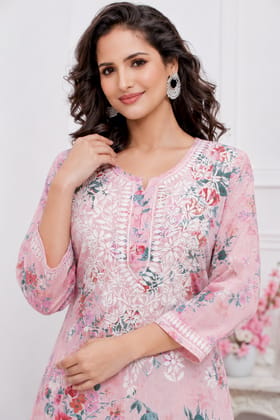 Mrs Right Women’s Printed Soft Malcotton Chikankari Kurta Kurti Top with Lucknowi Hand Embroidery | 3/4 Sleeve | 46 Inch Length | Sizes 38-44 