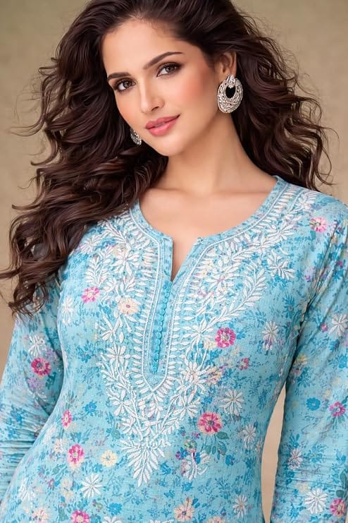 Mrs Right Women’s Printed Soft Malcotton Chikankari Kurta Kurti Top with Lucknowi Hand Embroidery | 3/4 Sleeve | 46 Inch Length | Sizes 38-44