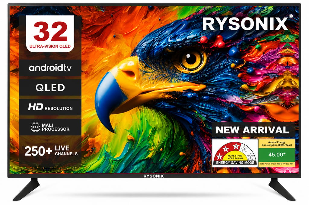 Rysonix 80 cm (32 inch) QLED HD Ready Smart Android Based TV With 20W Speaker & 1Year Warrenty !!