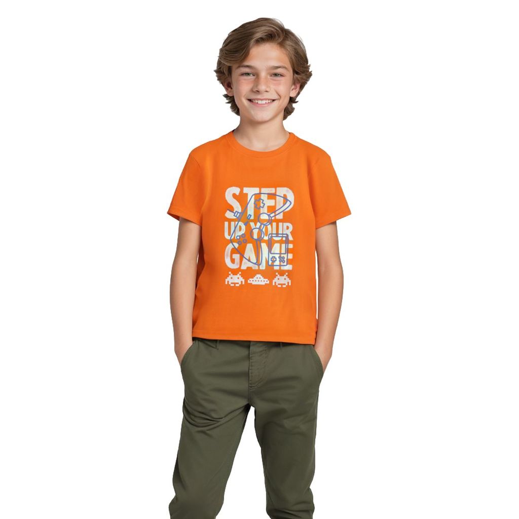 Chic Kids Boys T shirt Cotton Scarlet Ibis Orange Step Your Game 2025 at ShopCircuit | ONDC
