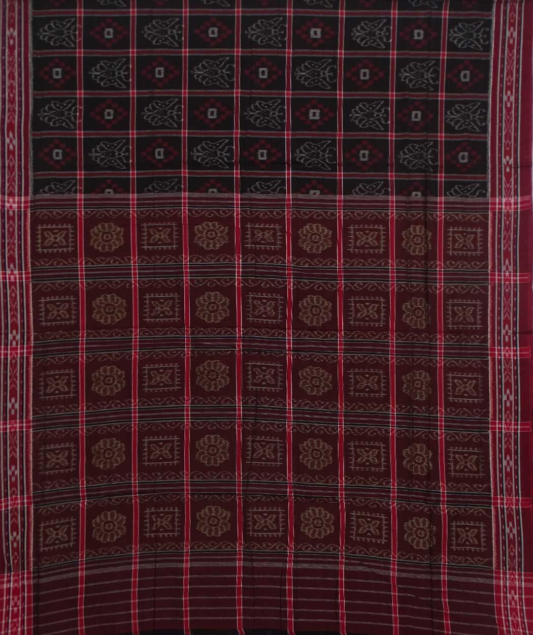 Black maroon sambalpuri handwoven cotton saree
