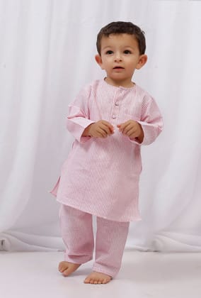 Set of 2: Pink Striped Cotton Kurta and Pajama-2-3Y