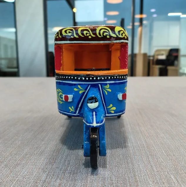 Handmade Red and blue Wooden Auto Rickshaw for Kids and Home Decoration
