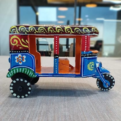 Handmade Red and blue Wooden Auto Rickshaw for Kids and Home Decoration