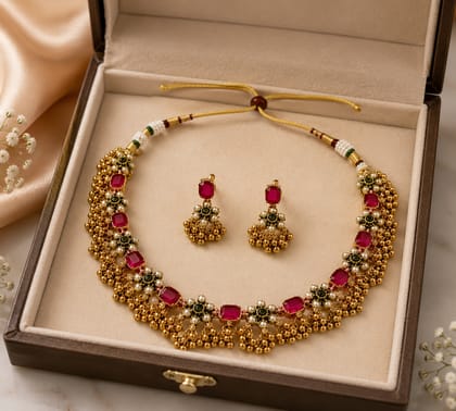 Traditional Gold-Plated Pink Stone and Beaded Necklace Set with Earrings