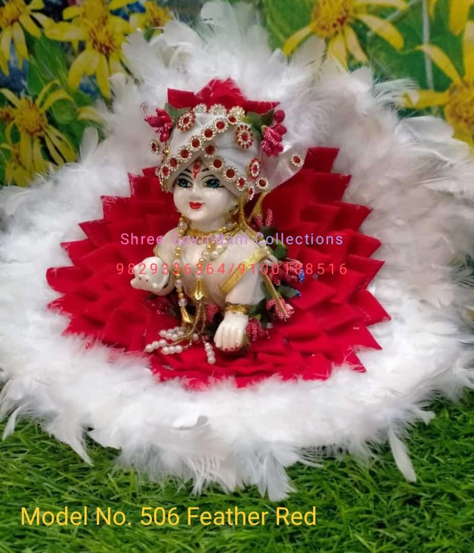 DHRUVINSRI Divine Ladoo Gopal Ji Designer Feather Studded Gown & Pagdi Set – Red, Premium Krishna Ji Poshak for Idol Size 4–6