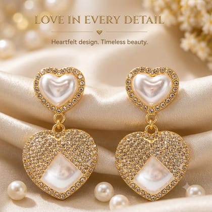 Elegantra Celebrity Style Double Heart Drop Earrings | 18K Gold Plated Waterproof Stainless Steel Romantic Hanging Tops | Perfect Valentine Birthday Gift for Women & Girls