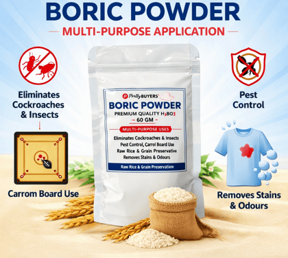 Boric Acid Powder for Cockroaches, Ant Repellent, Bed Bugs Killer, Carrom Board Powder, Rice Preservative, Kitchen Cleaner, Stain Remover, Industrial Cleaning Agent, Natural & Safe-60 GM (Pack Of 1)