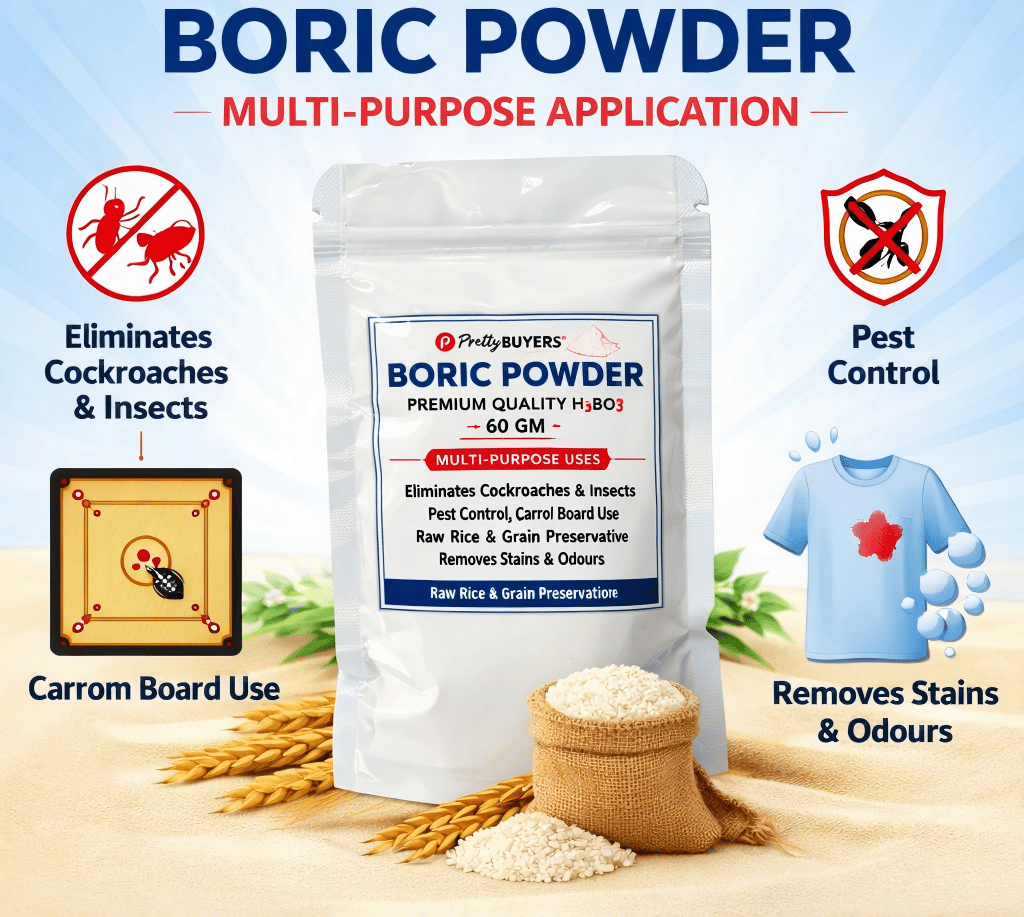 Boric Acid Powder for Cockroaches, Ant Repellent, Bed Bugs Killer, Carrom Board Powder, Rice Preservative, Kitchen Cleaner, Stain Remover, Industrial Cleaning Agent, Natural & Safe-60 GM (Pack Of 1)