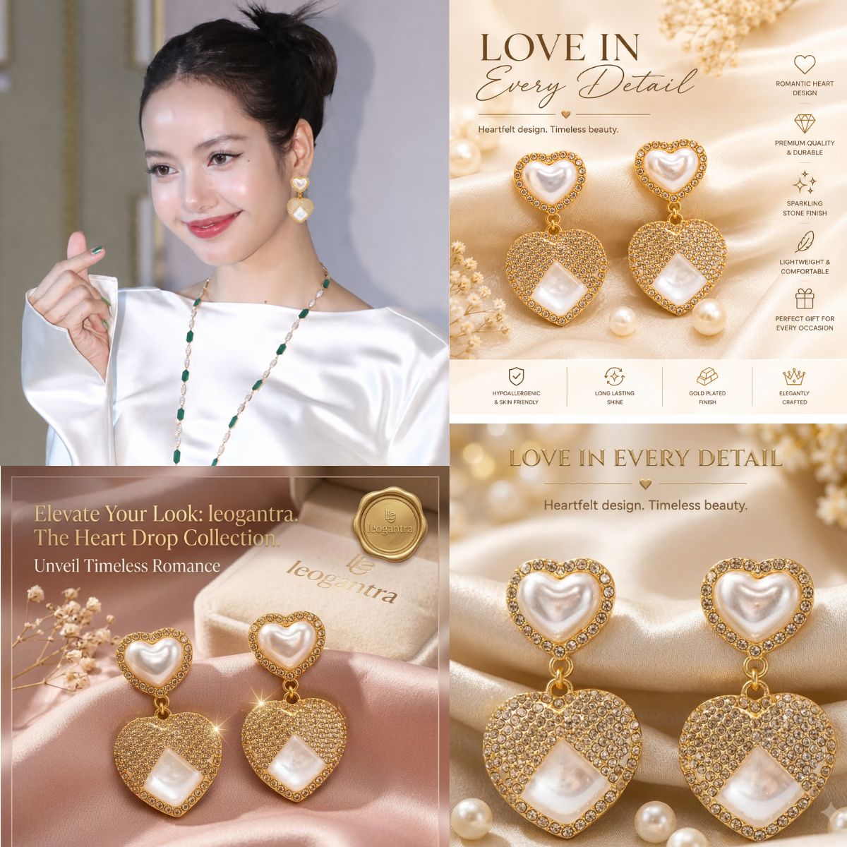Double Heart Drop Earrings | 18K Gold Plated Designer Romantic Dangling Earrings | Perfect Valentine Birthday Gift for Women & Girls | Statement Fashion Jewelry