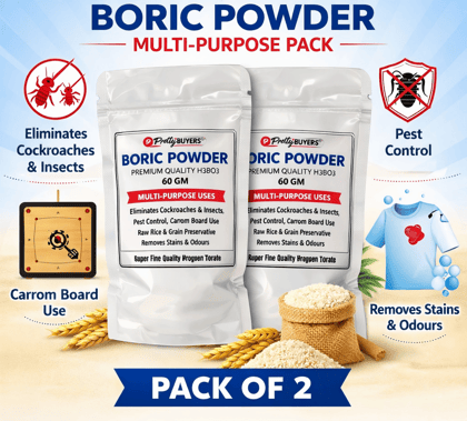 Boric Acid Powder for Cockroaches, Ant Repellent, Bed Bugs Killer, Carrom Board Powder, Rice Preservative, Kitchen Cleaner, Stain Remover, Industrial Cleaning Agent, Natural & Safe-60 GM (Pack Of 2)