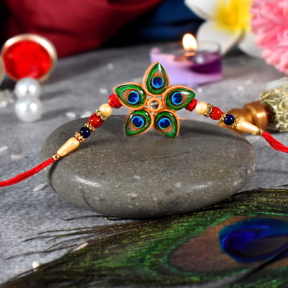 DHRUVINSRI 1 Pcs Handcrafted Designer Mor Pankh Rakhi In Star Shape, Brother Sister Rakhi Gift