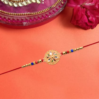 DHRUVINSRI 1 Pc Elegant Meenakari Floral Rakhi With Colorful Beads Golden Detailing