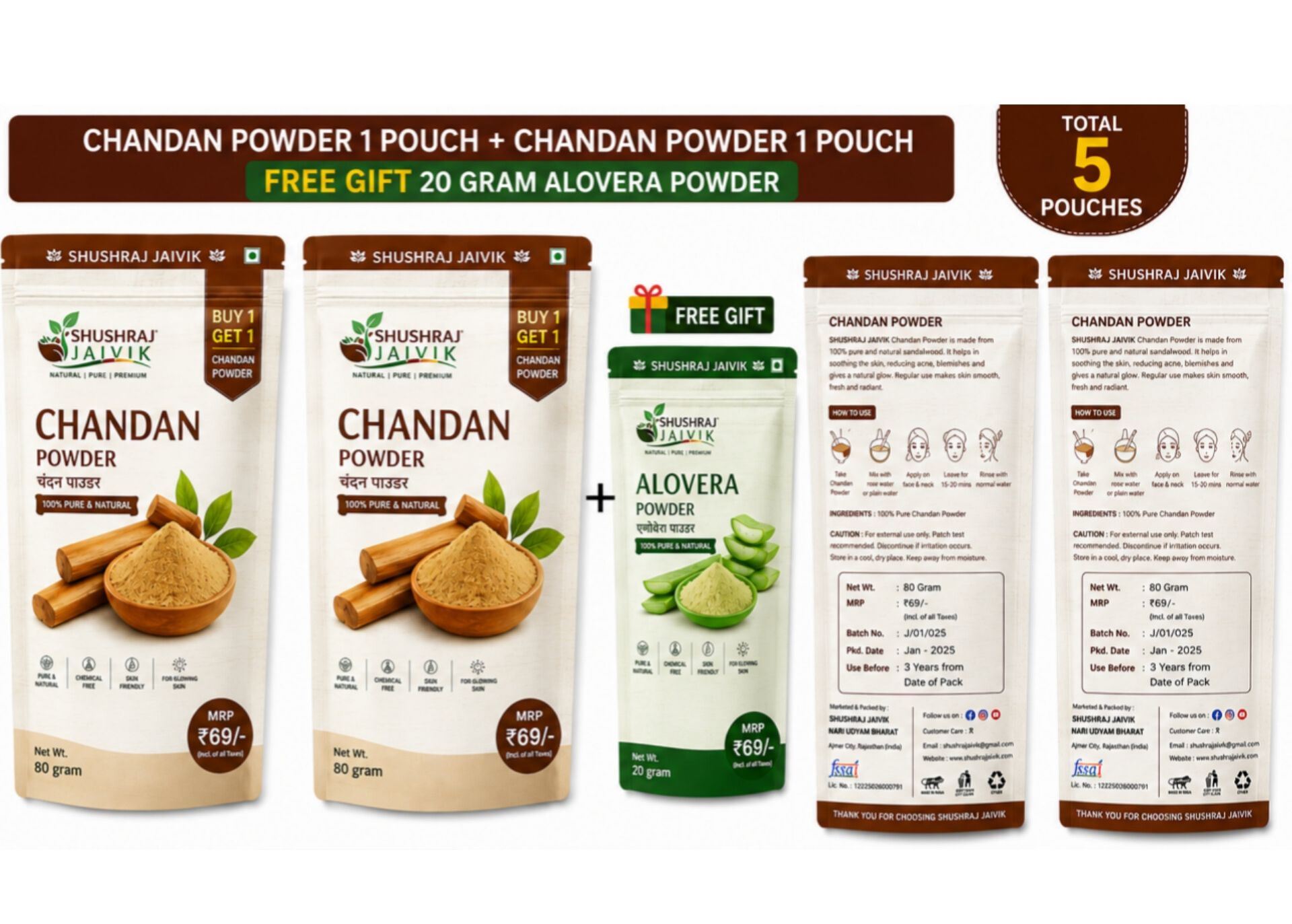 SHUSHRAJ JAIVIK Chandan Powder Combo (80g x 2) + Free Aloe Vera Powder 20g | Total 180g | Natural Herbal Face Pack