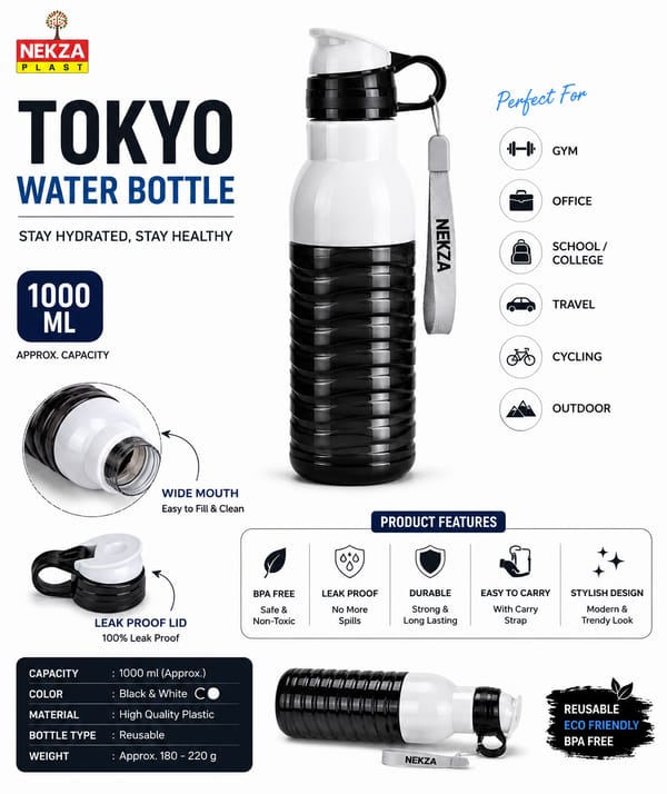 Nekza Plast Tokyo Plastic Water Bottle 1000ml Black