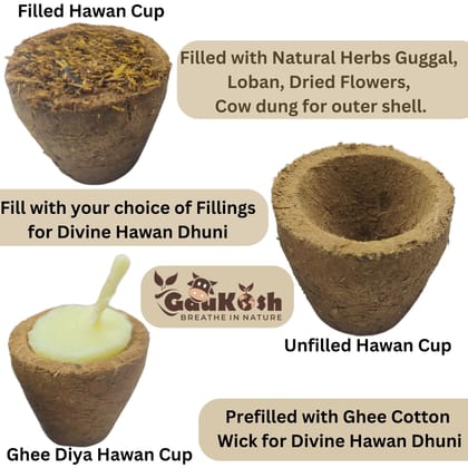 Gaukosh Divine Sambrani Hawan Cup Combo  Sacred Vedic Cow Dung Cups with Natural Herbs,Dried Flower, Guggal, Loban, Dried Flowers, Ghee Wicks & Customizable Empty Cups for Pooja Pack of 12 pcs