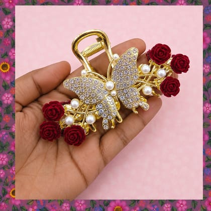Luxury Butterfly Hair Claw Clip with Crystal Rhinestones, Pearls & Red Rose Design