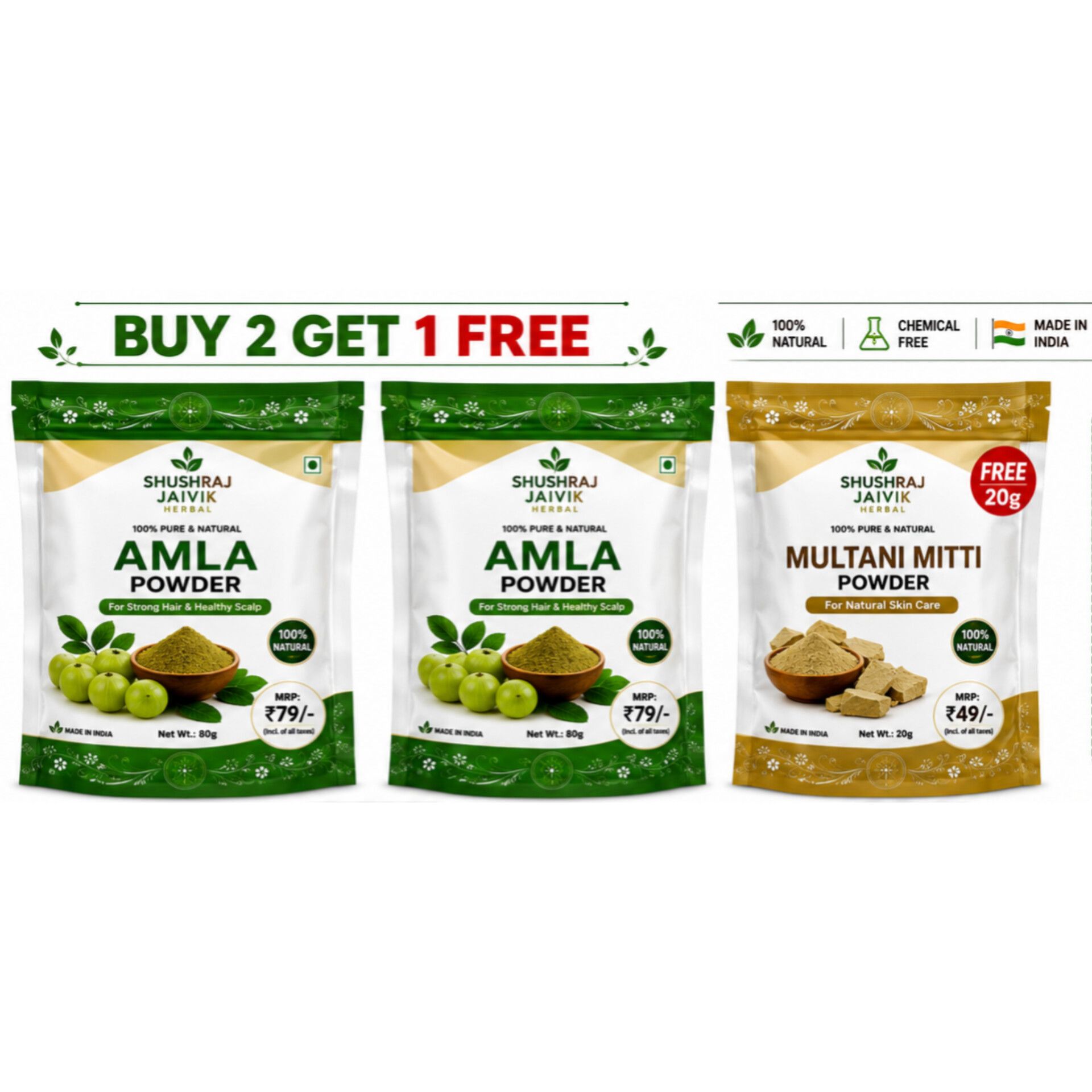 SHUSHRAJ Amla Powder 80g (Pack of 2) + Multani Mitti 20g Free
