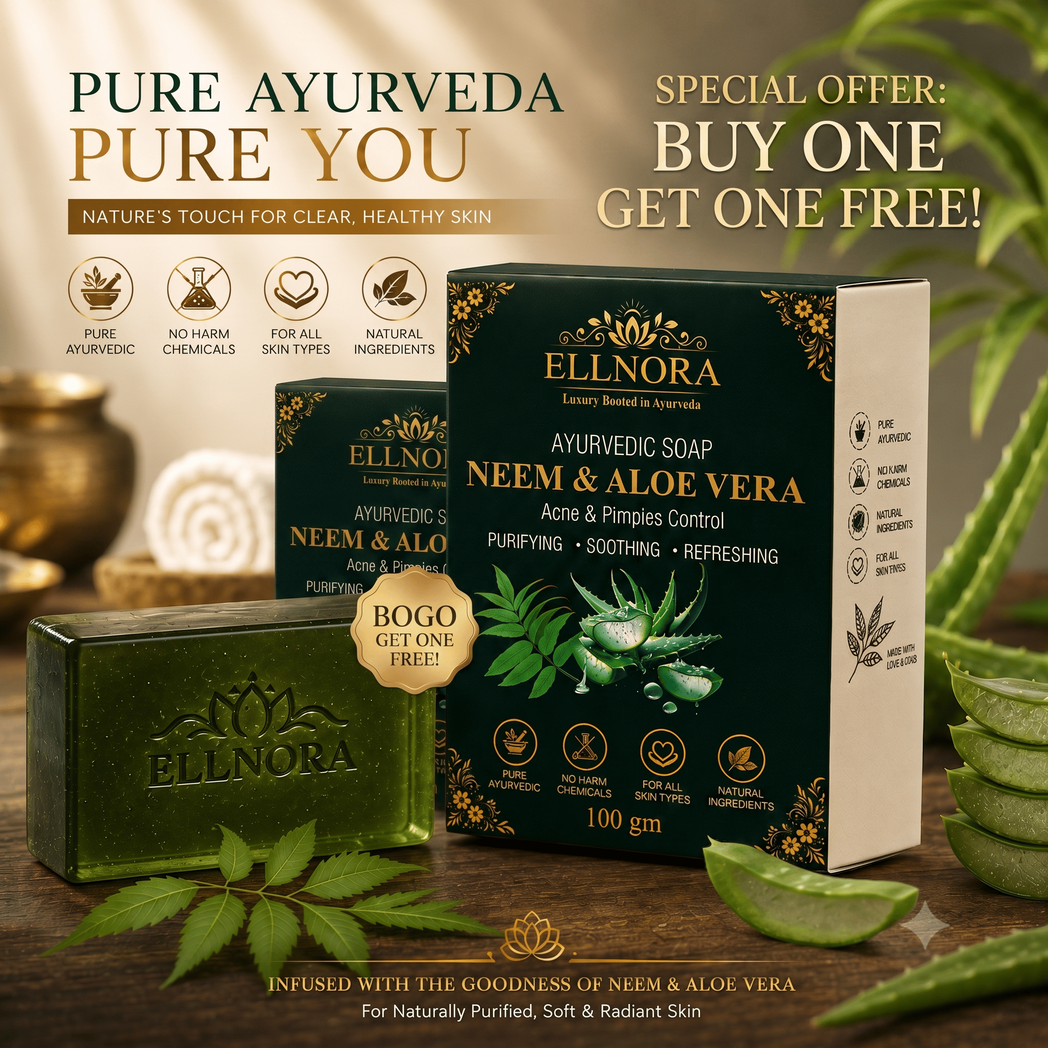ELLNORA Neem & Aloe Vera Ayurvedic Soap for Acne and Pimple Control Remedies
