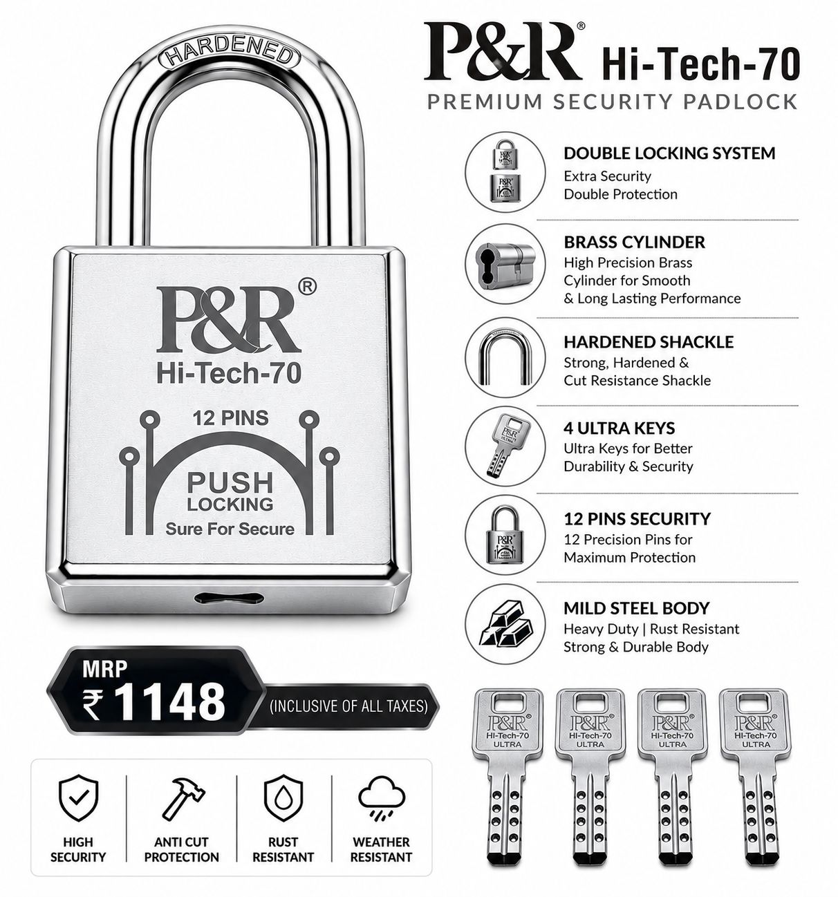 P&R Hi-Tech-70 Premium Security Padlock with 4 Ultra Keys