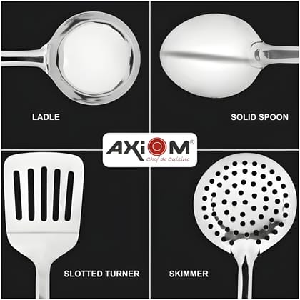 4 Pcs Stainless Steel Kitchen Cooking Utensil Set | Soup Ladle, Serving Spoon, Slotted Turner & Skimmer | Heavy Duty Mirror Finish Cooking Tools (Original)