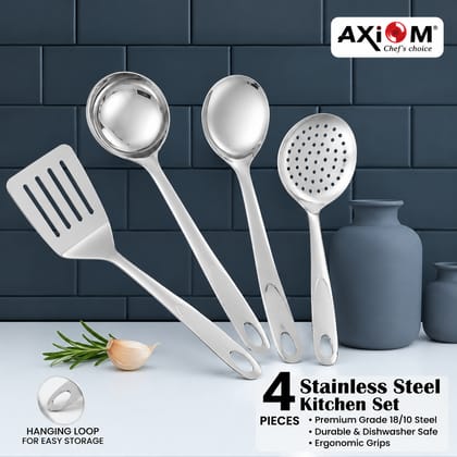 4 Pcs Stainless Steel Kitchen Cooking Utensil Set | Soup Ladle, Serving Spoon, Slotted Turner & Skimmer | Heavy Duty Mirror Finish Cooking Tools (Original)