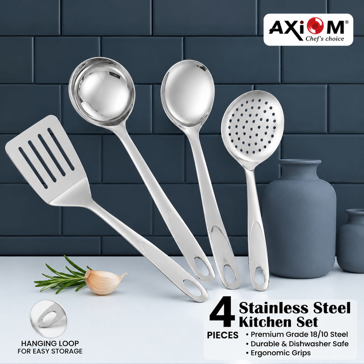 4 Pcs Stainless Steel Kitchen Cooking Utensil Set | Soup Ladle, Serving Spoon, Slotted Turner & Skimmer | Heavy Duty Mirror Finish Cooking Tools (Original)