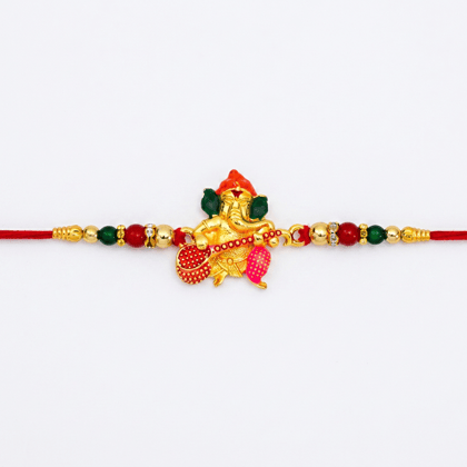 DHRUVINSRI Multicolor Idol ganesh rakhi  & Effete Chocolate Butter Scotch 32gm, with Silver Color Pooja Coin, Roli Chawal & Greeting Card, Occasion, Rakhi Combo gift pack, Rakhi & Chocolate for brother, rakhi with gift, -1  Combo Pack