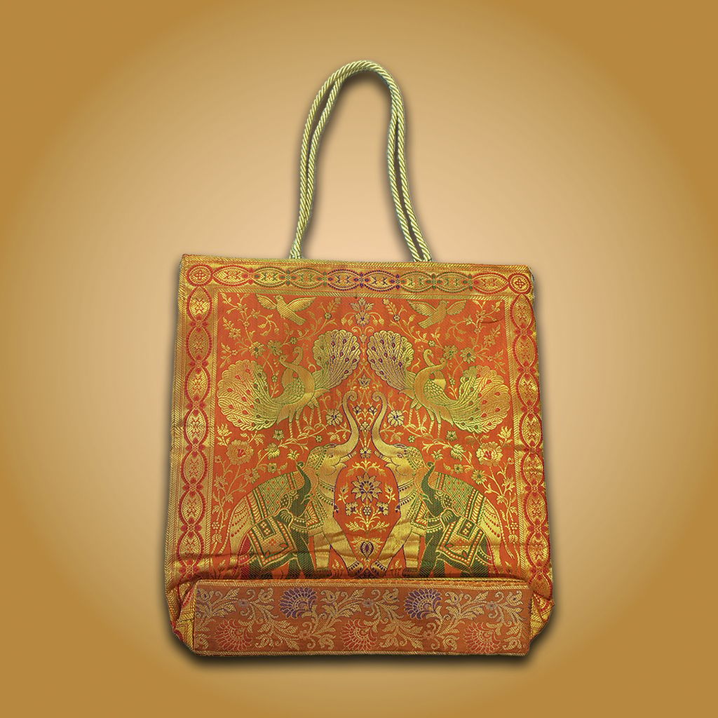 Banaras Brocades Elephants and Peacocks Design Handbag-Orange Colour - Handbags | Buy online on ZillyBuy