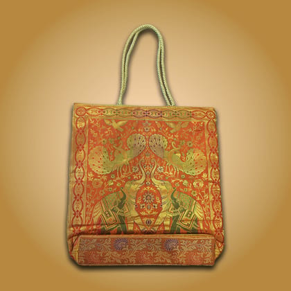Banaras Brocades Elephants and Peacocks Design Handbag-Orange Colour