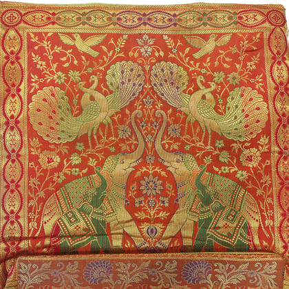 Banaras Brocades Elephants and Peacocks Design Handbag-Orange Colour