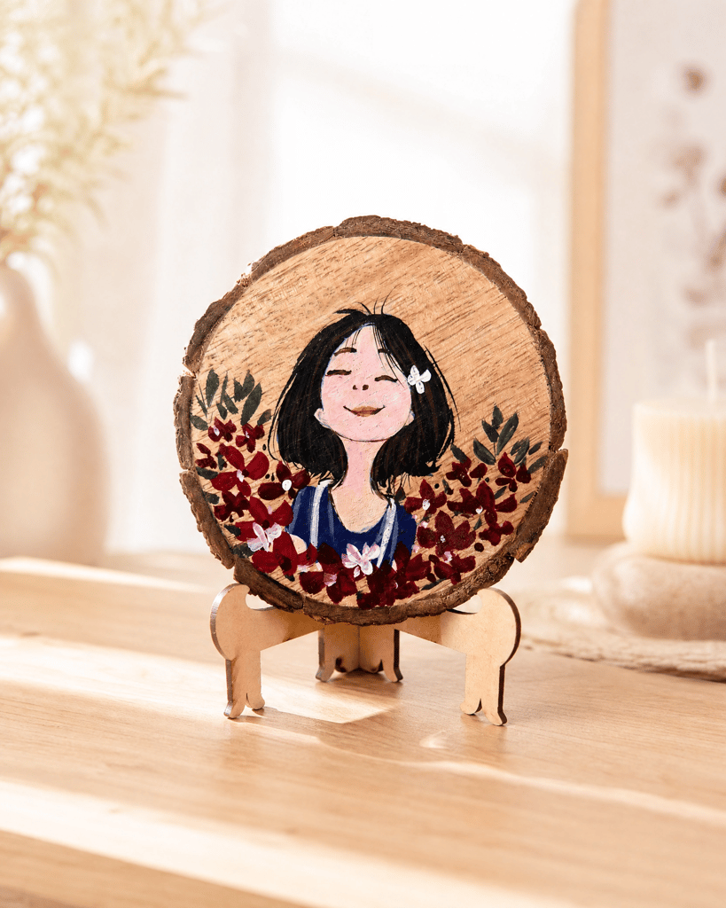 Artdora Handcrafted Wooden Slice Table Decor | Hand-Painted Floral Portrait Art with Wooden Stand | Rustic Natural Wood Showpiece for Home, Office & Study Room | Unique Gift