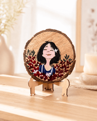 Artdora Handcrafted Wooden Slice Table Decor | Hand-Painted Floral Portrait Art with Wooden Stand | Rustic Natural Wood Showpiece for Home, Office & Study Room | Unique Gift
