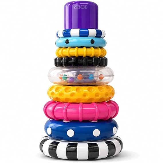 Storio Stacks of Circles Stacking Ring Toy for Babies 6+ Months | 9-Piece Multi-Color STEM Learning