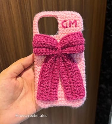 Handmade Crocheted Pink Bow iPhone Case with 'GM' Initials Handmade Crocheted Pink Bow iPhone Case with 'GM' Initials