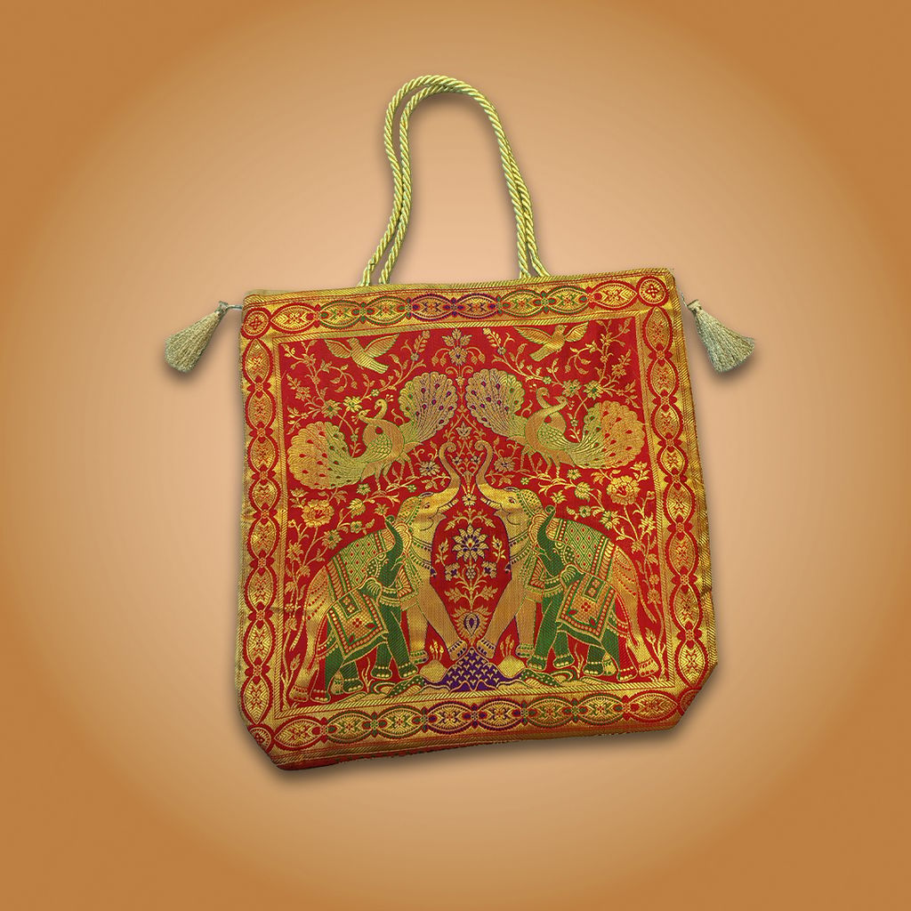 Banaras Brocades Elephants and Peacocks Design Handbag Red Colour - Handbags | Buy online on ZillyBuy