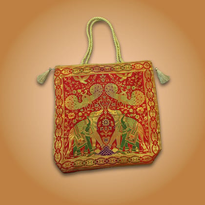 Banaras Brocades Elephants and Peacocks Design Handbag Red Colour
