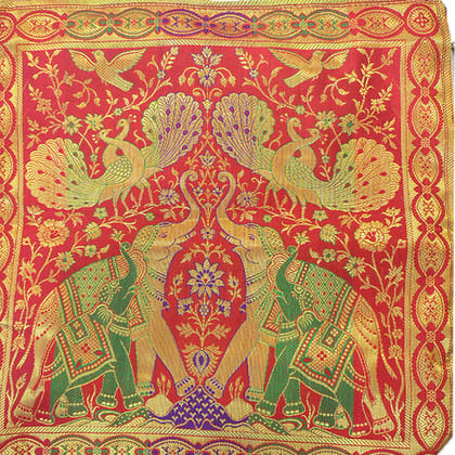 Banaras Brocades Elephants and Peacocks Design Handbag Red Colour