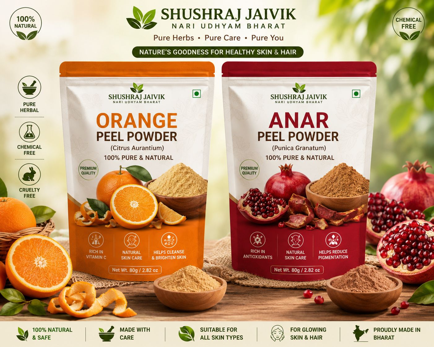 Shushraj Jaivik Orange & Anar Peel Powder Combo (80g each)