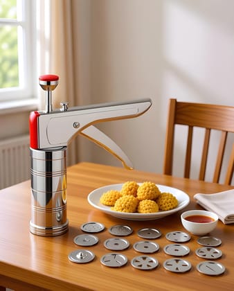 Premium Stainless Steel Sev Sancha Machine | Multipurpose Murukku, Chakli, Bhujia & Snack Maker Press with 15 Interchangeable Jali Discs (Original)