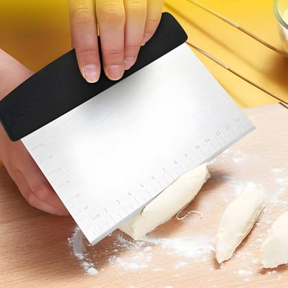 Premium Stainless Steel Dough Scraper Cutter | Multi-Purpose Bench Scraper with Measurement Scale | Pastry Cutter, Cake Scraper & Pizza Dough Divider (Original)