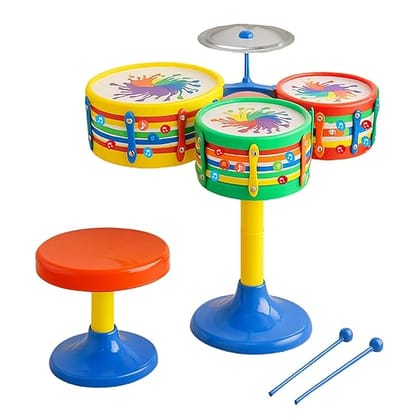 Kidsmate Lil’ Beats Drum Set for Kids | 3 Drums, Cymbal, Drumsticks & Stool | Musical Toys for Kids I for Boys & Girls of Age 3+ (Multicolor)