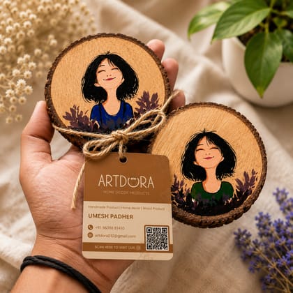 Artdora Handmade Wooden Coaster Set (Pack of 2) | Hand-Painted Natural Wood Slice Tea & Coffee Coasters | Rustic Table Decor | Eco-Friendly Drink Coasters | Gift for Home & Office
