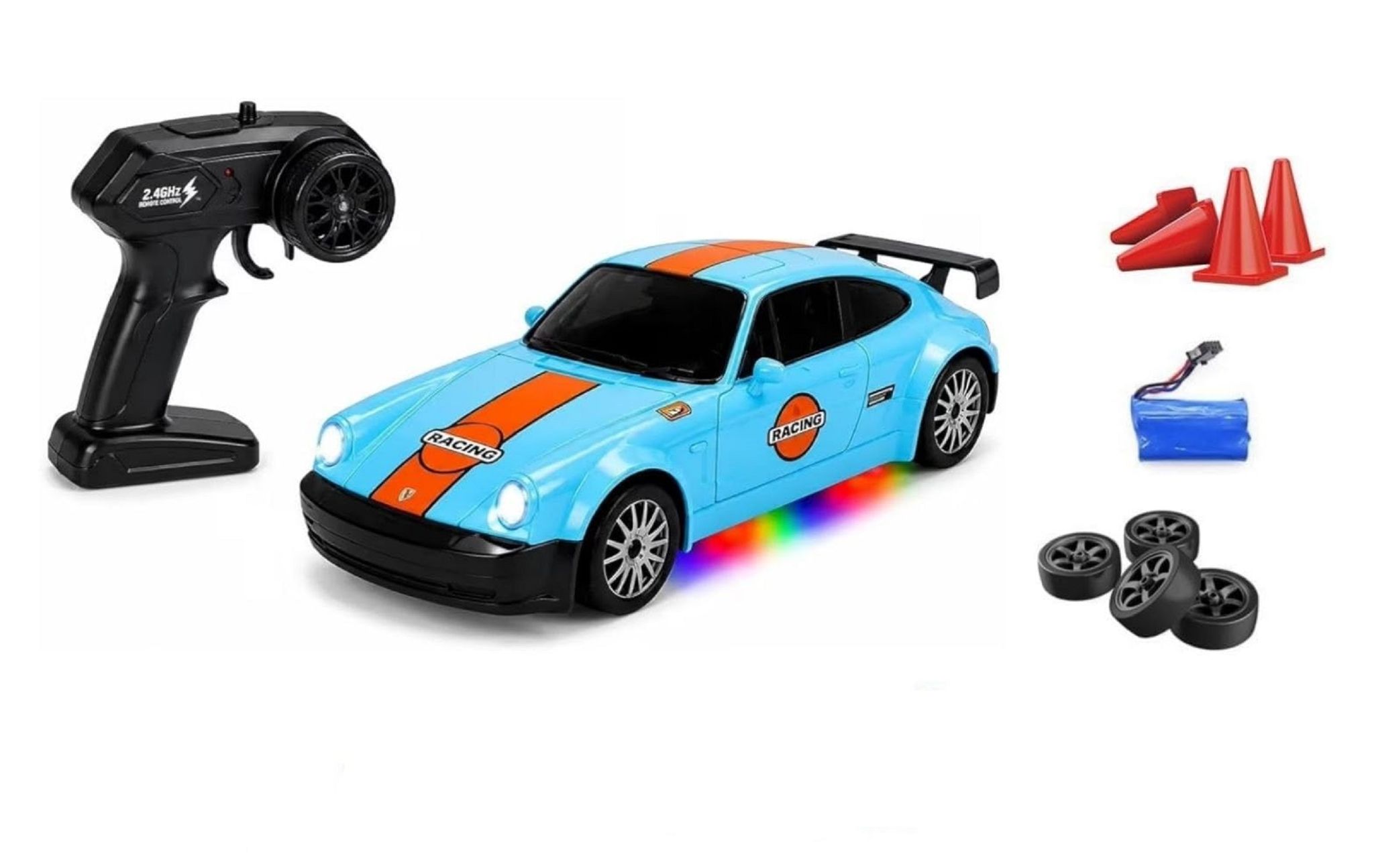 KTRS Enterprise 2.4GHz RC Drift Racing Car with LED Lights, Rechargeable Battery, Extra Drift & Racing Tires, Traffic Cones, High Speed Remote Control Car Toy for Kids & Adults