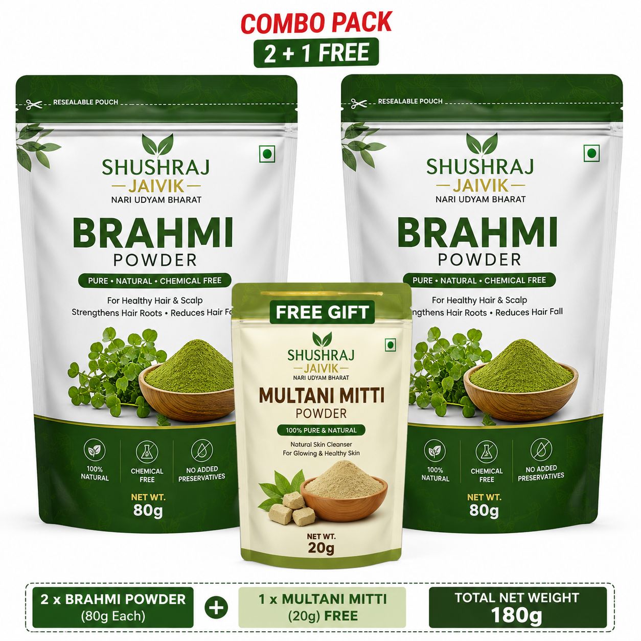 Shushraj Jaivik Brahmi Powder (80g x 2) & Multani Mitti (28g) Combo Pack