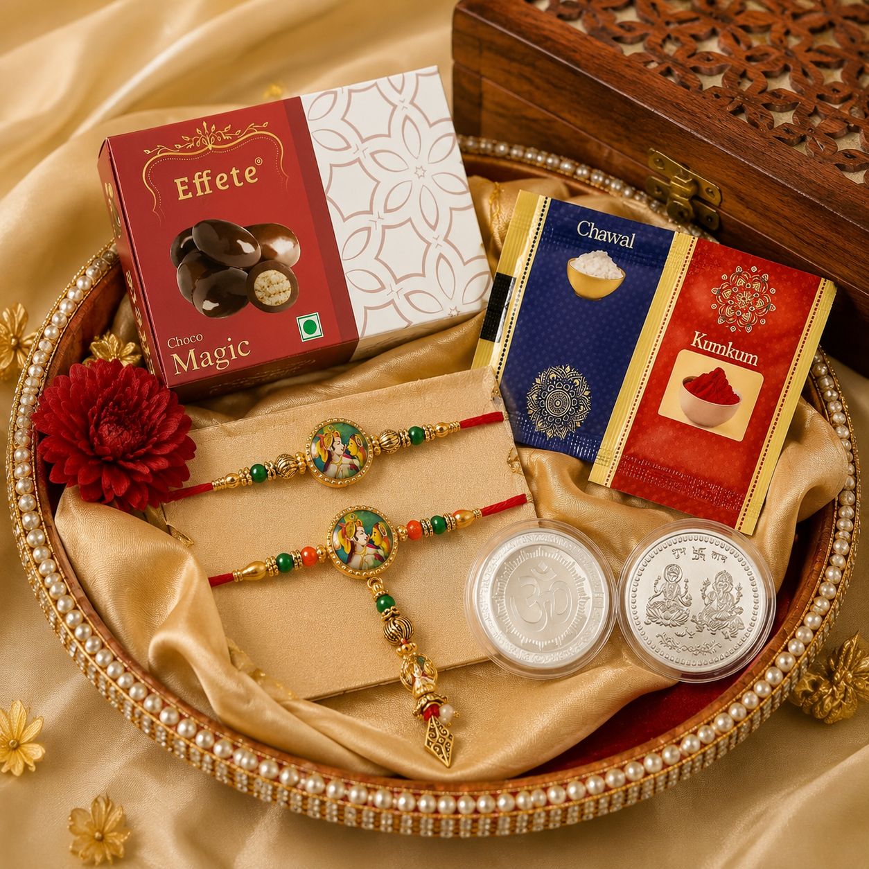 DHRUVINSRI 5 Pcs Peacock Charm Bhaiya Bhabhi Rakhi Kit With 1 Laxmi Genesha Coin, Tilak Kit and Assorted Nuts Packet 36 Grams – Colorful Beads & Traditional Elegance-