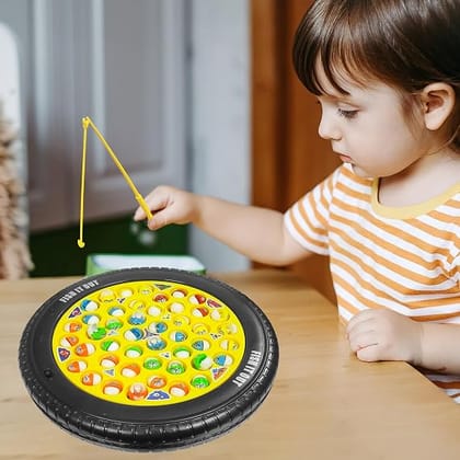 VGRASSP Fishing Game Toy Set with Rotating Board | with Music On/Off Switch for Quiet Play | 45 Fishes and 4 Fishing Poles (Fishing Game Big)