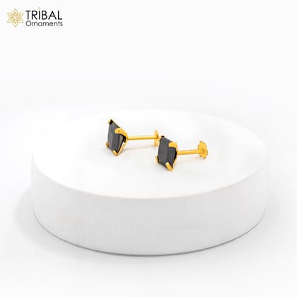 6mm 18kt yellow gold handmade single black stone back screw stud earring cartilage customized unisex jewelry er139