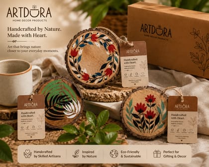 ARTDORA Handmade Wooden Coaster Set of 3 | Hand-Painted Natural Wood Tea & Coffee Coasters with Bark Edge | Rustic Table Décor | Eco-Friendly Drink Coasters for Home & Office